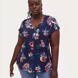 Torrid Fit And Flare Challis Button-Front Top in Blue Floral Size 2X
